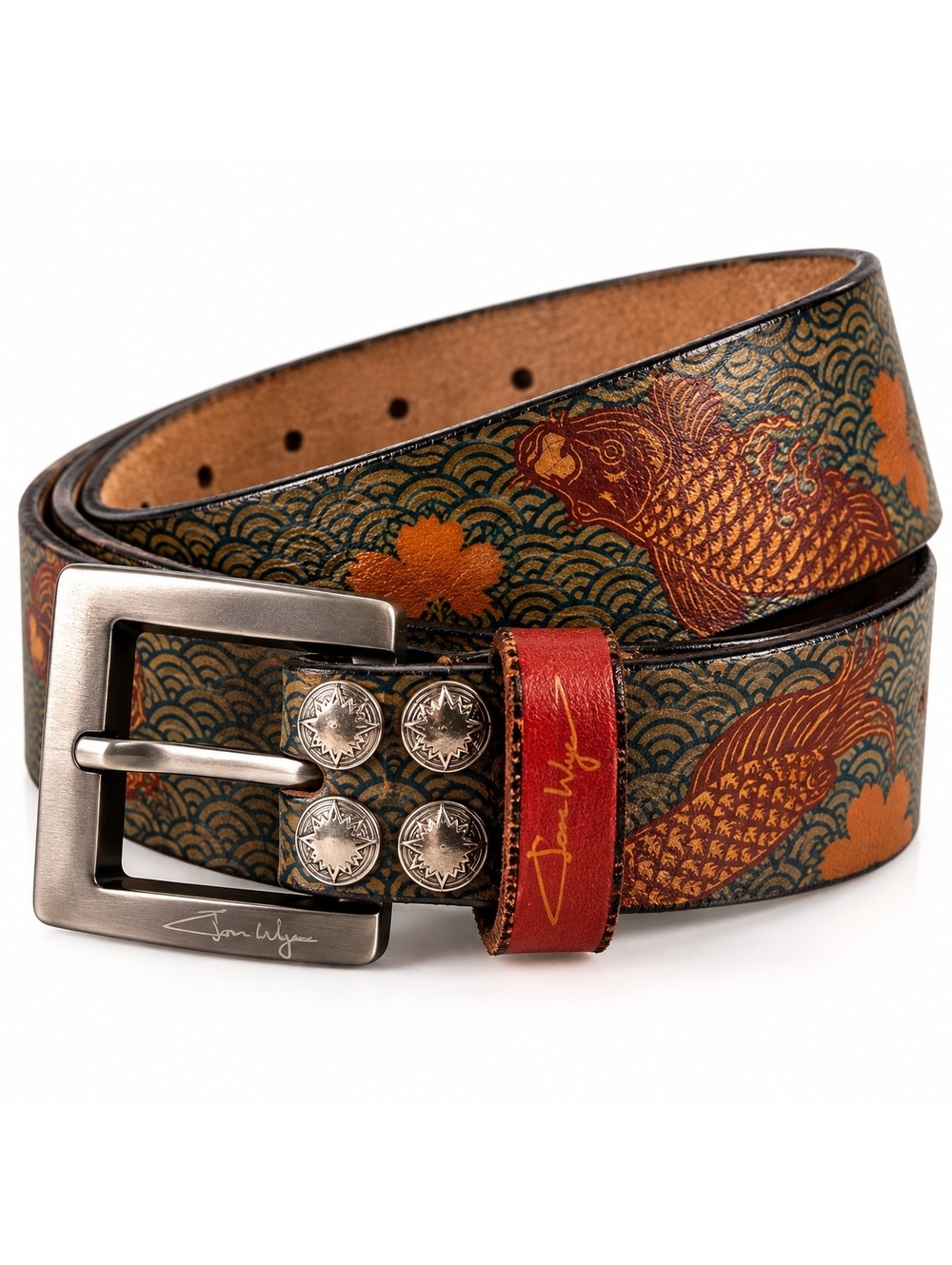 Jon Wye Leather Belt Koi Fish Japanese Wave Concho Studs Made USA 40”